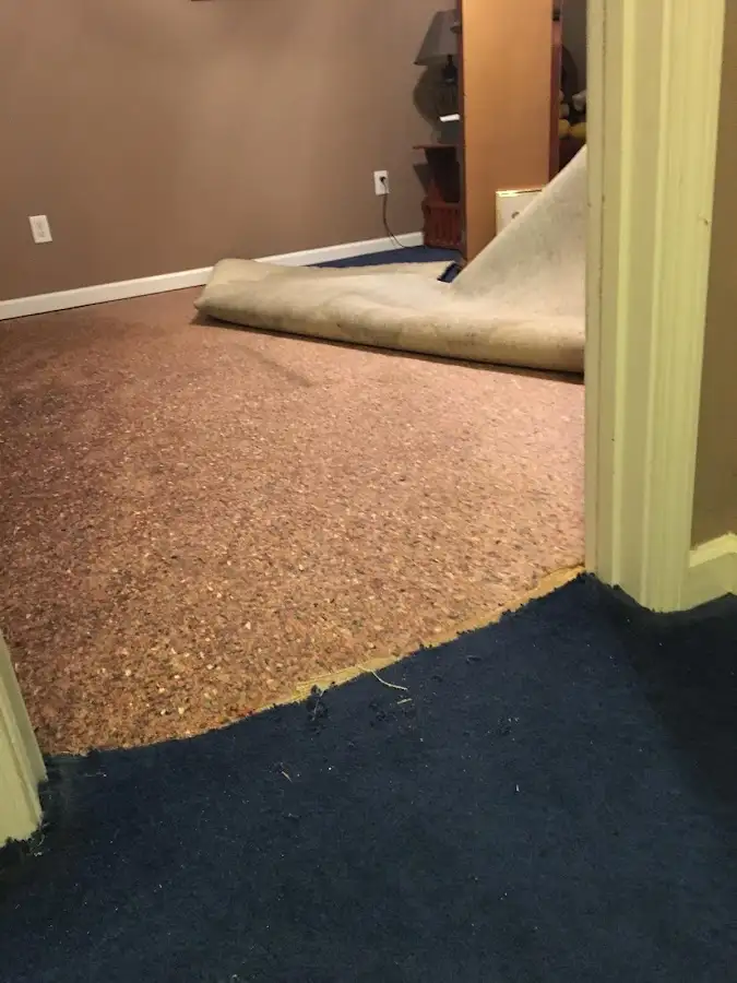 Carpet pad removal revealing water damage during Water Mitigation Services in Peru
